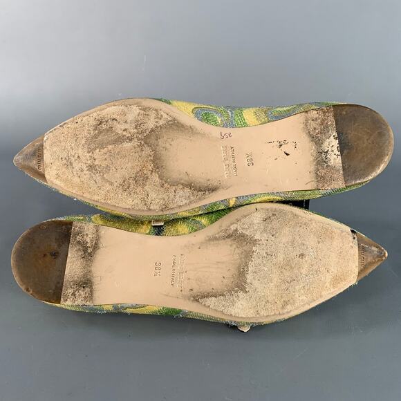 MIU MIU Size 8.5 Green Silver Paisley Textured Pointed Toe Bow Flats - Picture 6 of 8